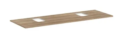Holzplatte in Eiche Natur mit zwei rechteckigen Ausschnitten, geeignet für eine Konsolenmontage. Produkt von Hansgrohe, minimalistisch designt.
